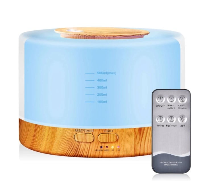 images Umidificator 500ml, alb-lemn natur, aromaterapie, telecomanda si lumini LED